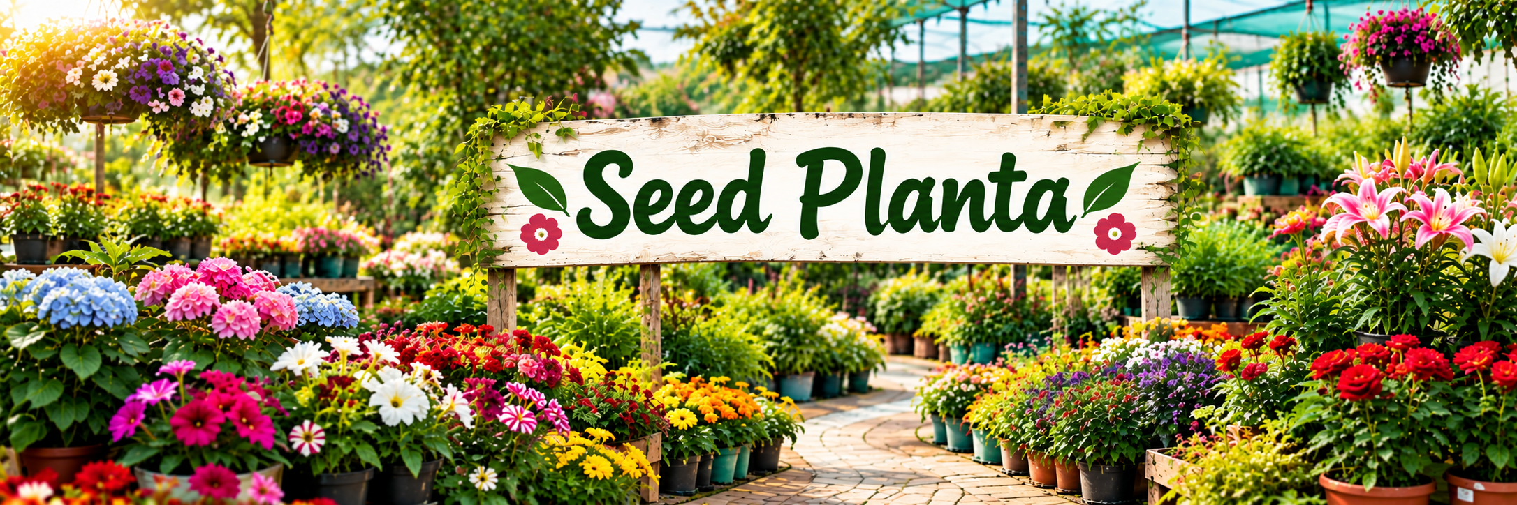 Colourful flowering plants in a garden nursery
